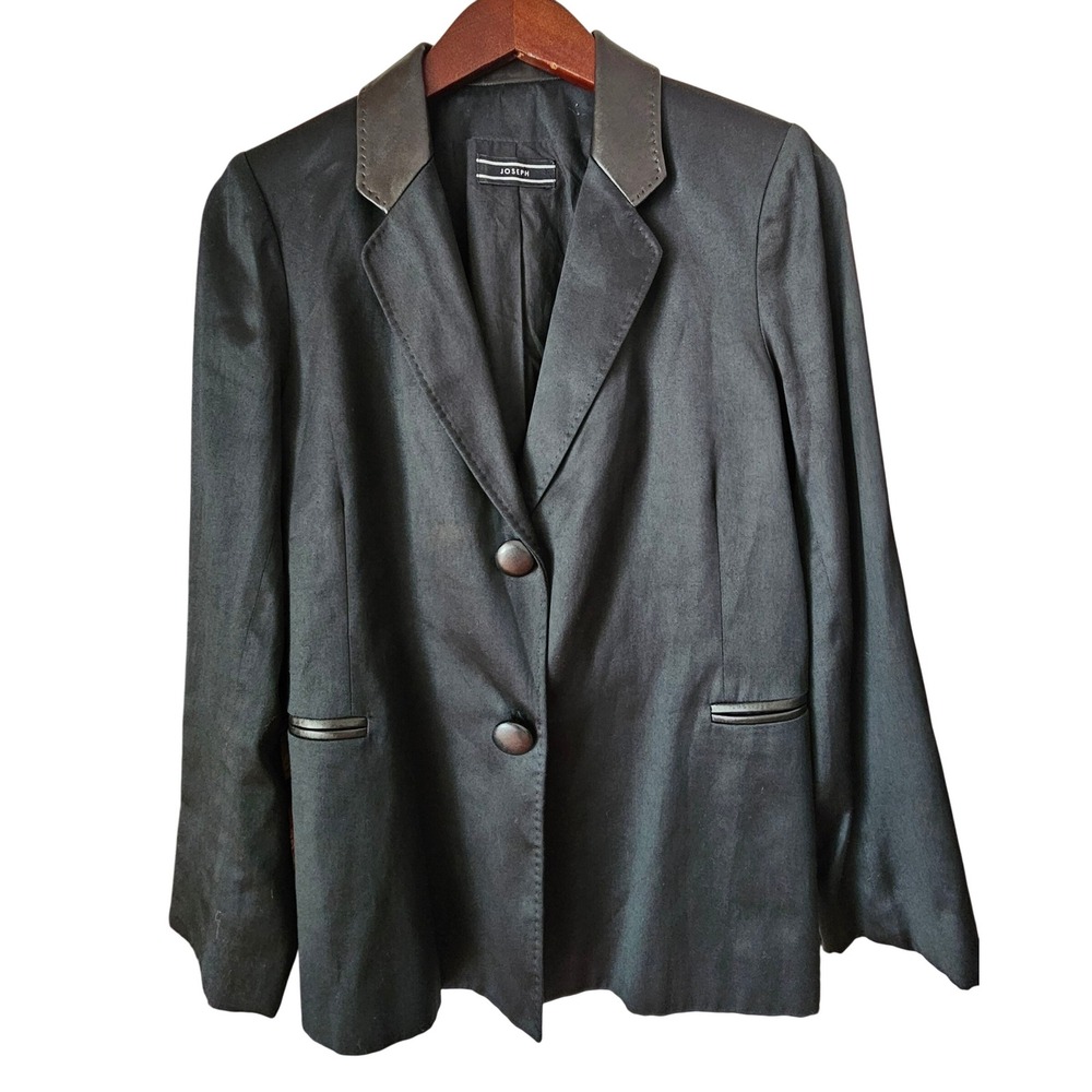JOSEPH Black Cotton Blazer Leather Trim Detail Career Jacket Size L